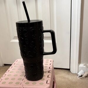 Black Skull-Textured Travel Mug with Handle and Reusable Straw